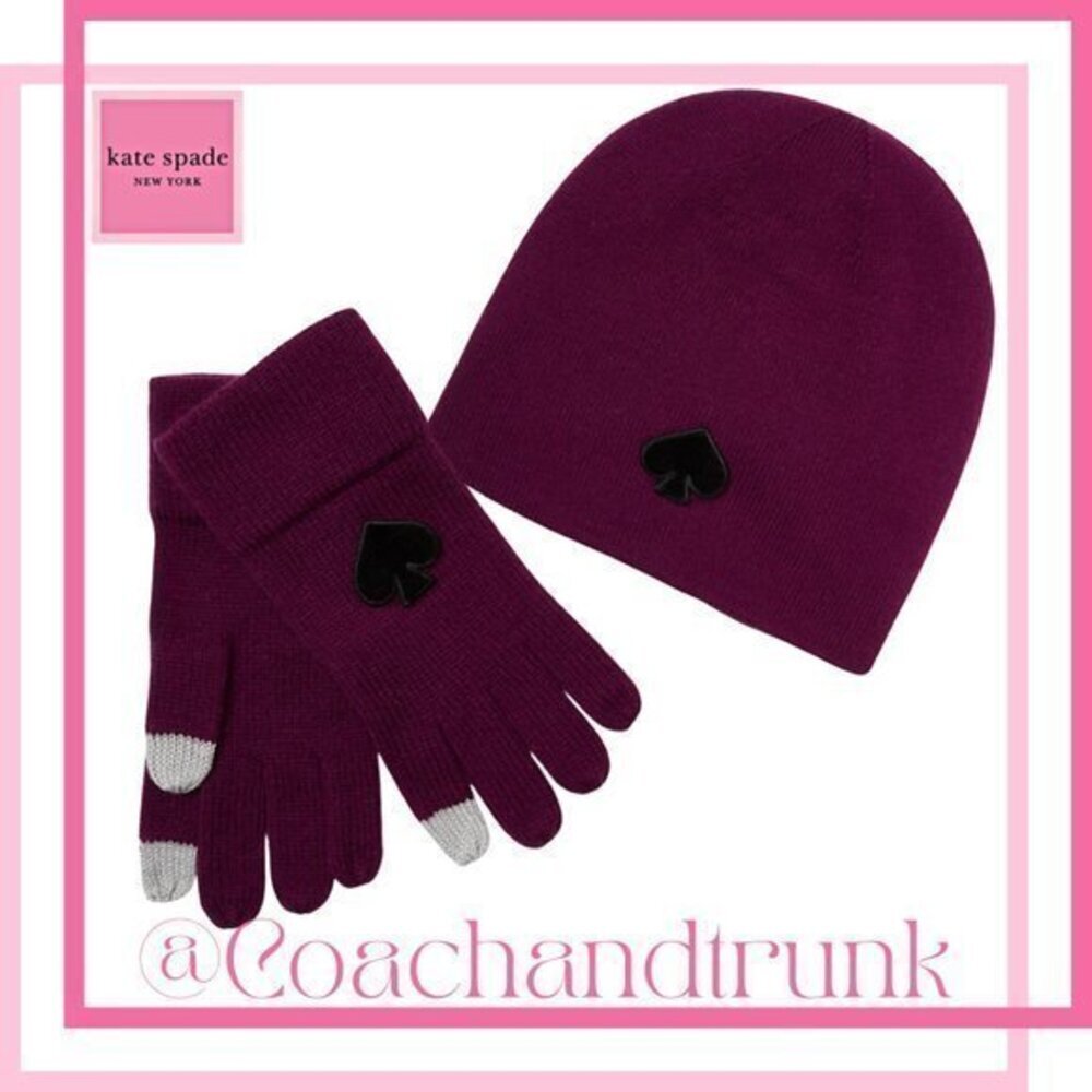 KATE SPADE 2PC SET Plum Tech Finger Gloves & Beanie With Black Flocked Spade NWT